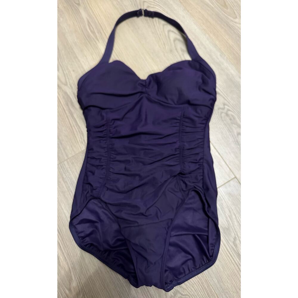 Land’s End Women’s One Piece Swimsuit Size 10 Halter Clasp Closure Purple EUC